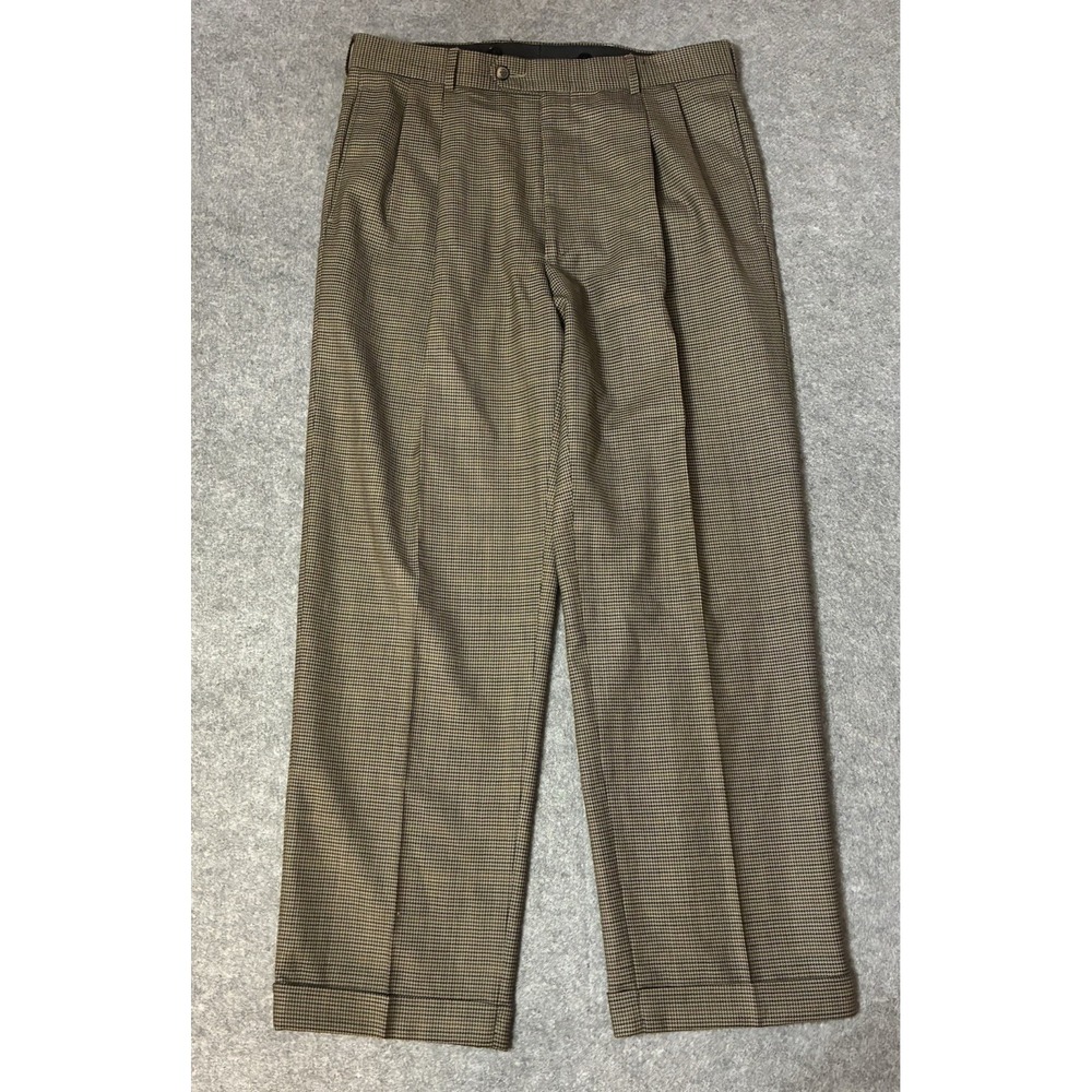 Vintage Mens Pleated Houndstooth Pants Size 32x29 100% Wool Trouser Cuffed 90s
